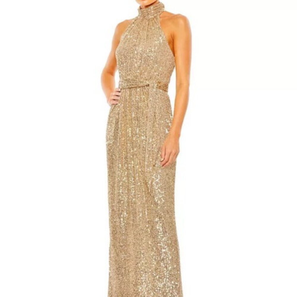 Ieena Mac Duggal Champagne Gold Sequined Halter Belted Dress